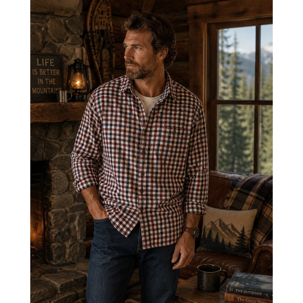 Blue Mountain Mens Flannel Shirt Medium Red Blue Gingham Check Cotton LS